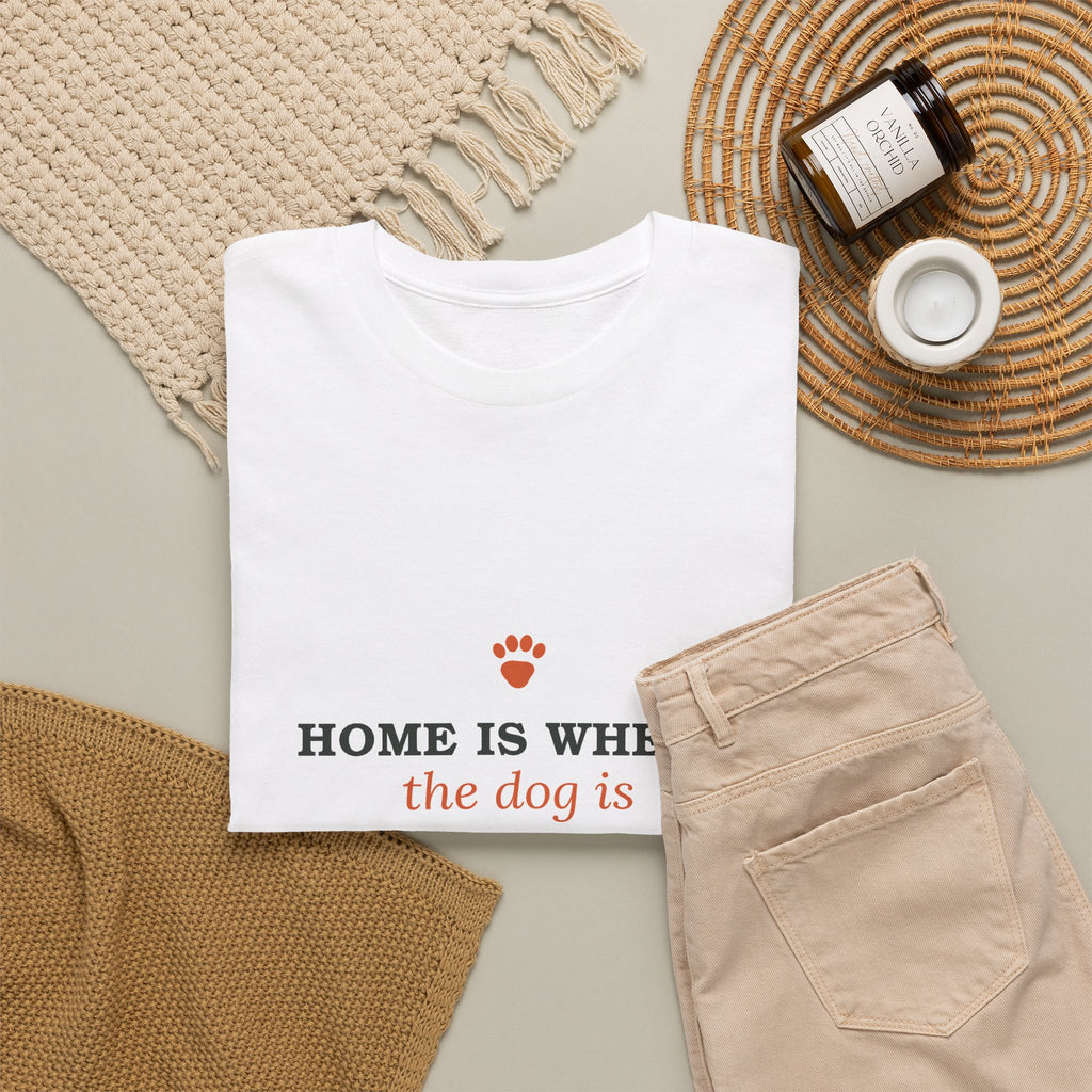 Home Is Where the Dog Is Tee in White, folded flat lay