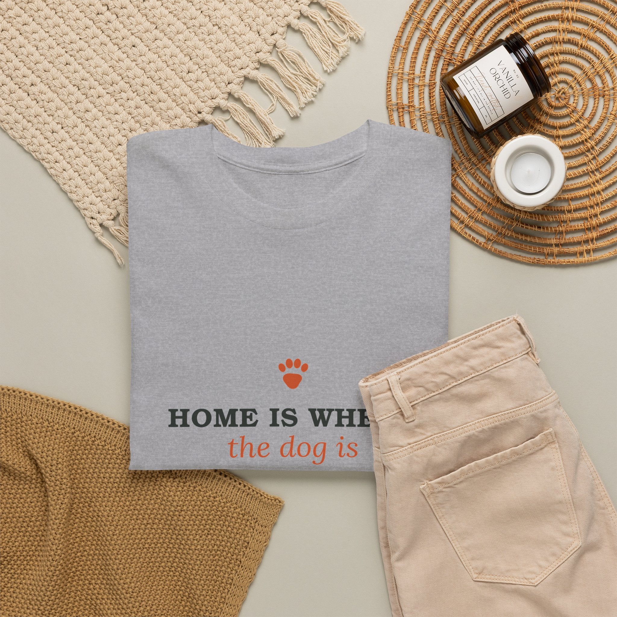Home Is Where the Dog Is Tee in Sand, worn