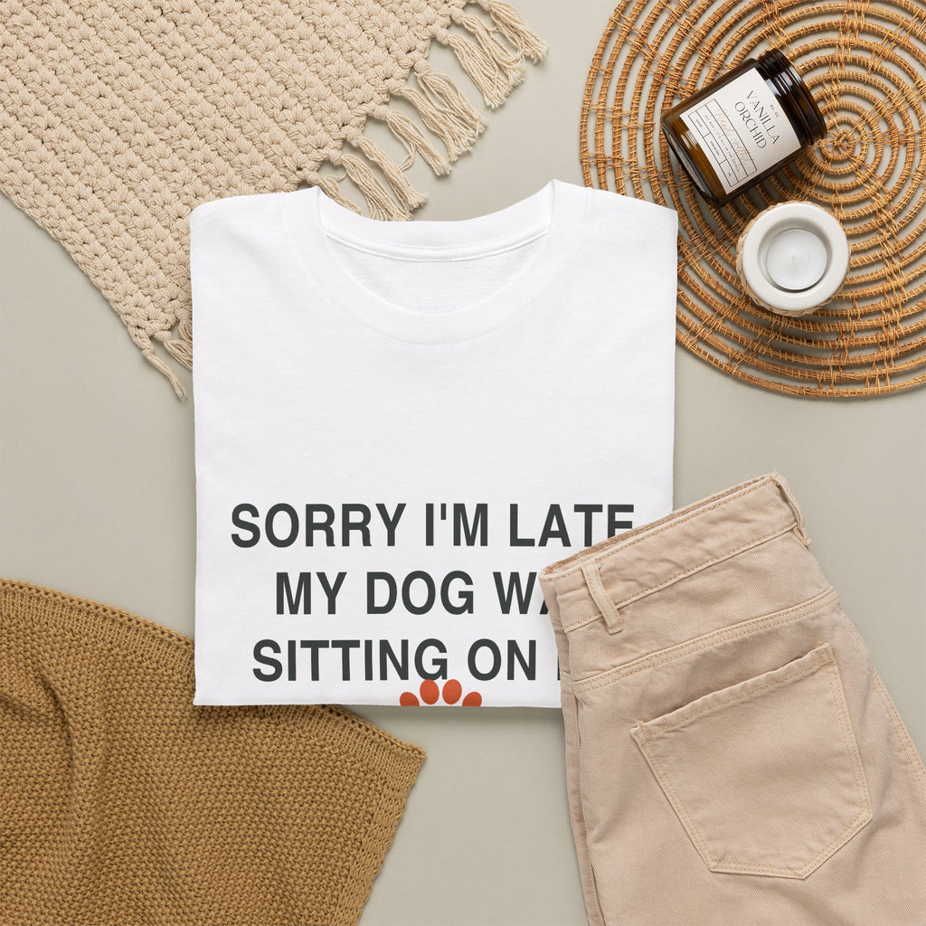 Sorry I'm Late Tee in White, folded flat lay