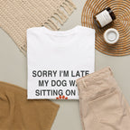 Sorry I'm Late Tee in White, folded flat lay