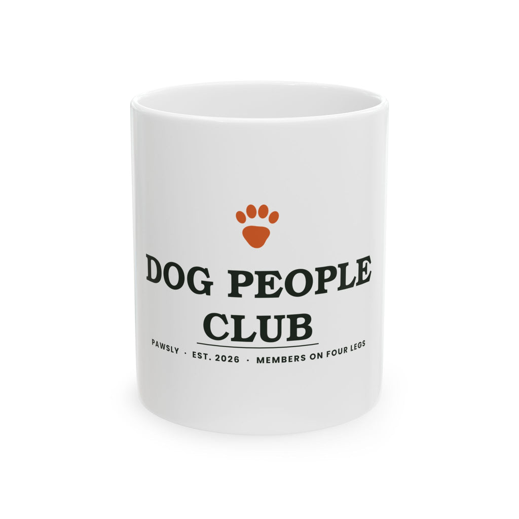 Dog People Club ceramic mug in white, front view with the Pawsly club crest