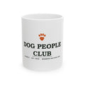 Dog People Club ceramic mug in white, front view with the Pawsly club crest