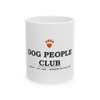 Dog People Club ceramic mug in white, front view with the Pawsly club crest