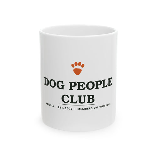Dog People Club ceramic mug in white, front view with the Pawsly club crest