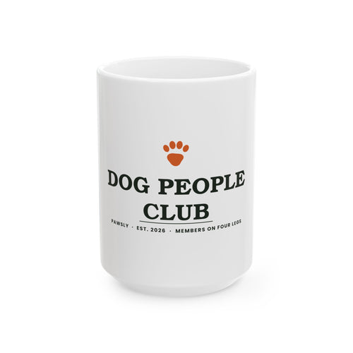 Dog People Club ceramic mug, angled view showing the C-handle