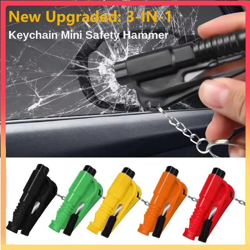 Car escape tool breaking a side window with the spring-loaded punch