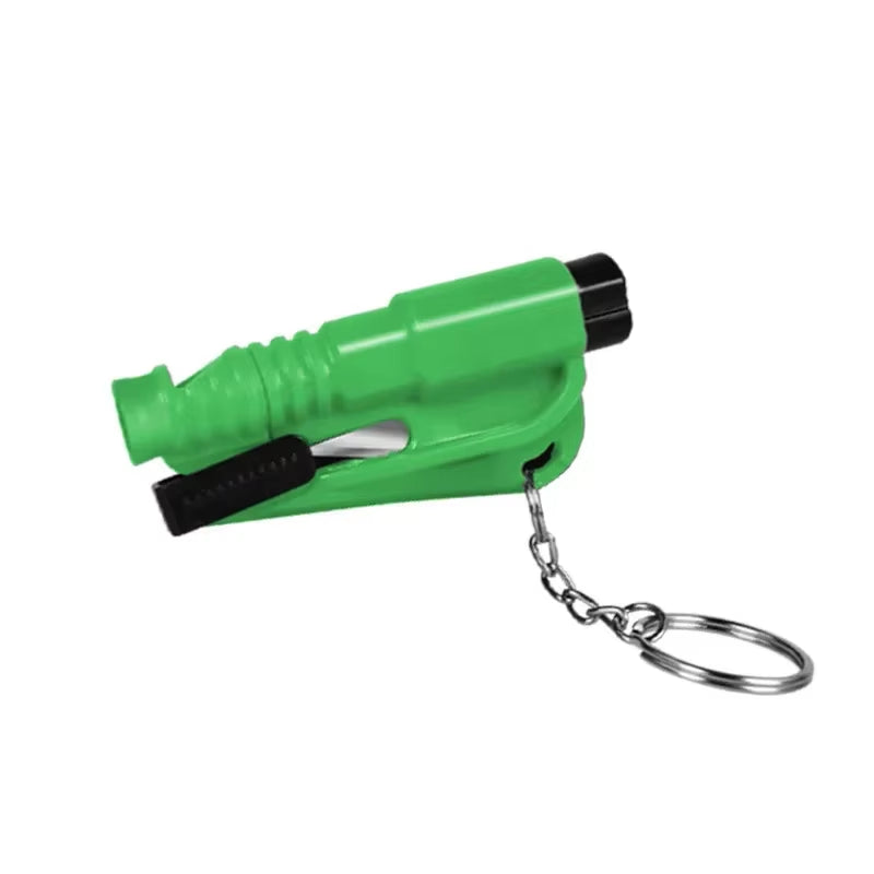 Escape tool clipped to a keyring in a car door pocket